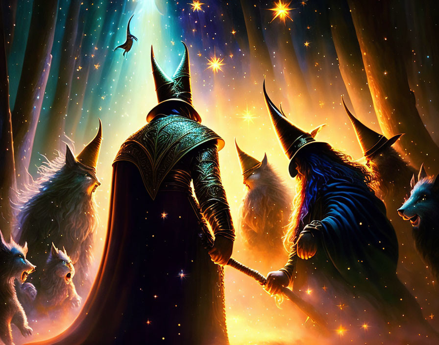 Mystical gathering of cloaked figures with animal heads under starry sky