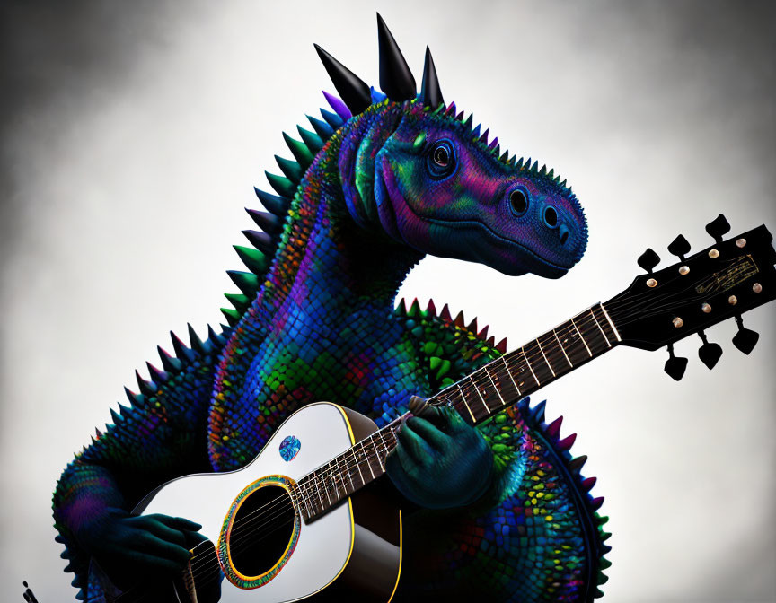 Iridescent dinosaur playing guitar under cloudy sky