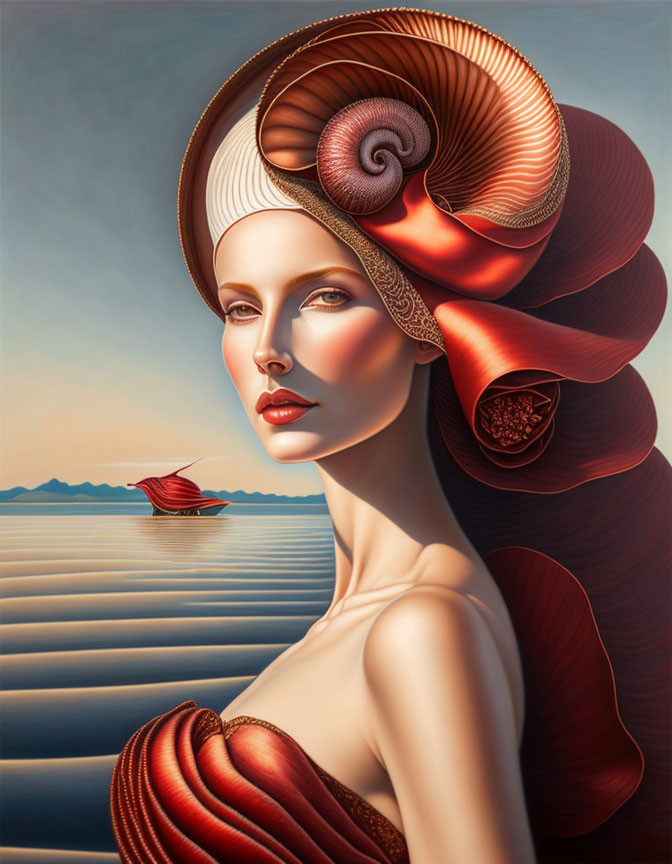 Surreal painting: Woman with nautilus shell hairstyle by ocean