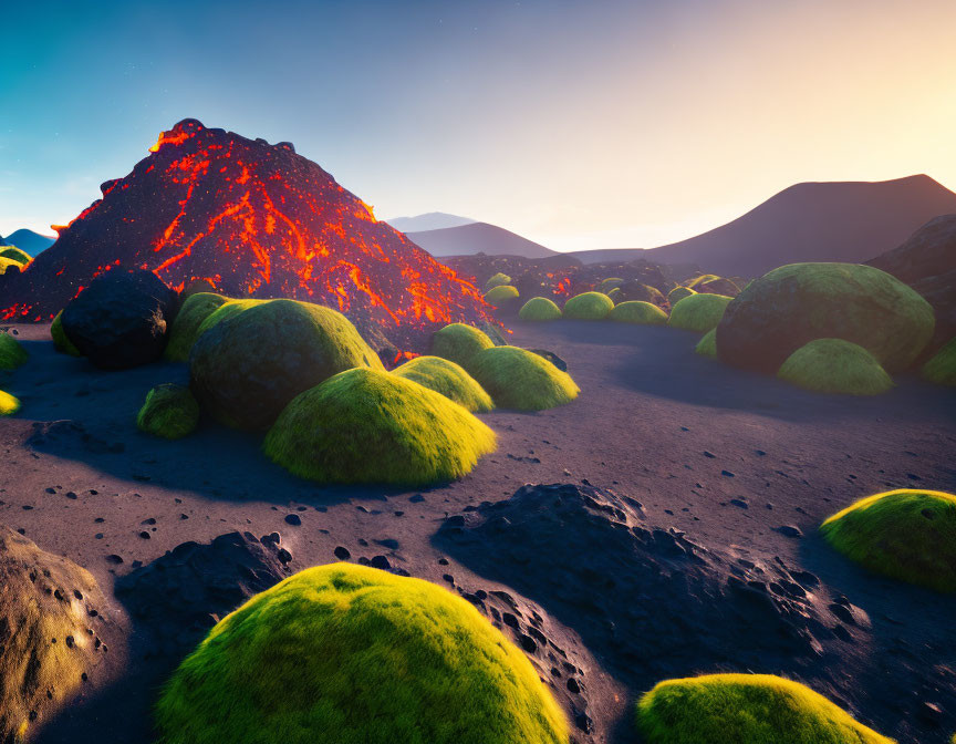 Volcanic eruption with flowing lava and moss-covered rocks at twilight