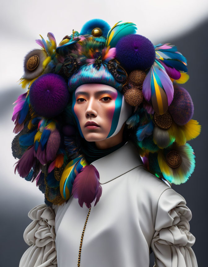 Colorful Feather Headdress and Bold Makeup on Person in White Ruffled Garment