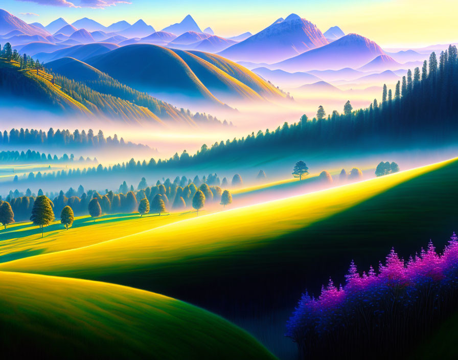 Scenic landscape with rolling hills, trees, colorful flowers, mist, and golden sunrise