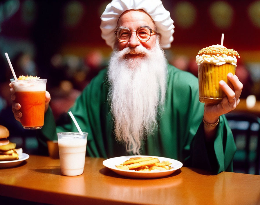 Elderly man chef with white beard holding milkshakes, burgers, and fries.