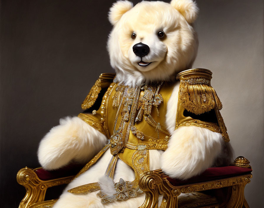 Luxurious Plush Teddy Bear in Golden Outfit on Red Chair