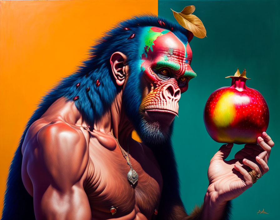 Colorful anthropomorphic ape with blue fur holding pomegranate and butterfly pendant