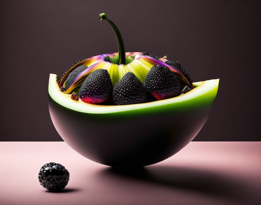 Sliced green melon with flowers and blackberries on purple backdrop