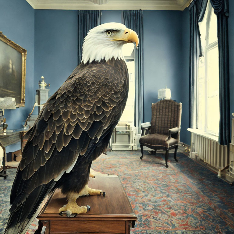 Majestic bald eagle on wooden desk in elegant room