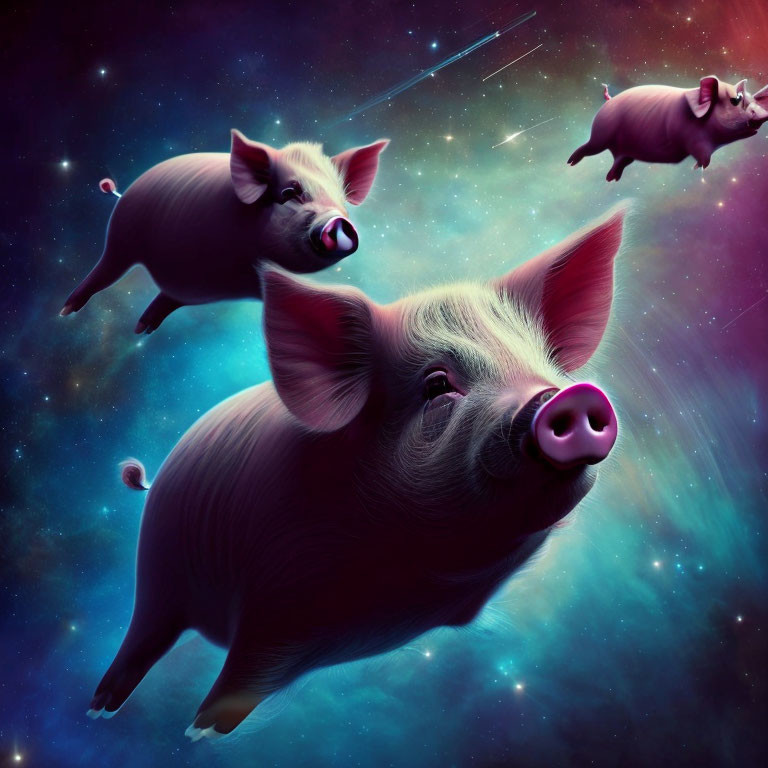 Three flying pigs in cosmic space with stars and shooting star