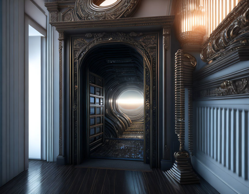 Ornate corridor with diminishing door frames leading to light