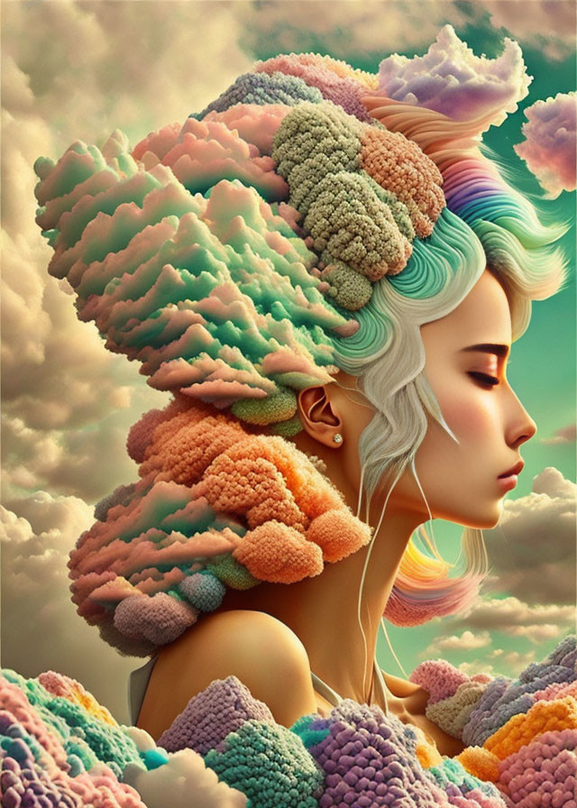 Surreal woman illustration with brain-like cloud hair on pastel sky