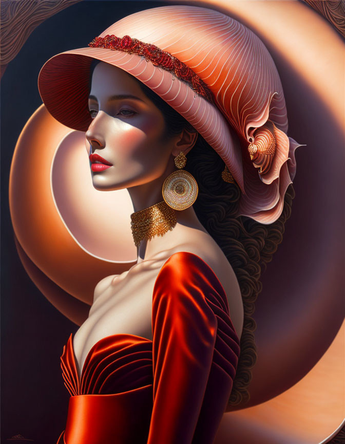 Stylized woman with red hat and off-the-shoulder dress on abstract background