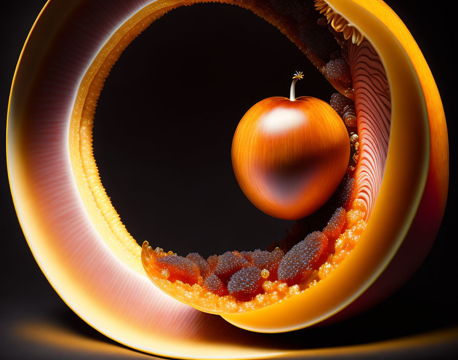 Surreal digital artwork: glossy apple in orange vortex