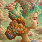 Surreal woman illustration with brain-like cloud hair on pastel sky