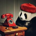 Panda with red beret by wooden desk with rotary phone