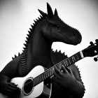 Iridescent dinosaur playing guitar under cloudy sky