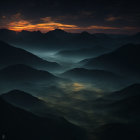 Sunset over Misty Mountains: Silhouetted Hills and Orange Sky