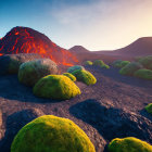 Volcanic eruption with flowing lava and moss-covered rocks at twilight