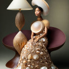 Surreal illustration of woman in seashell-inspired attire