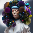 Colorful Feather Headdress and Bold Makeup on Person in White Ruffled Garment