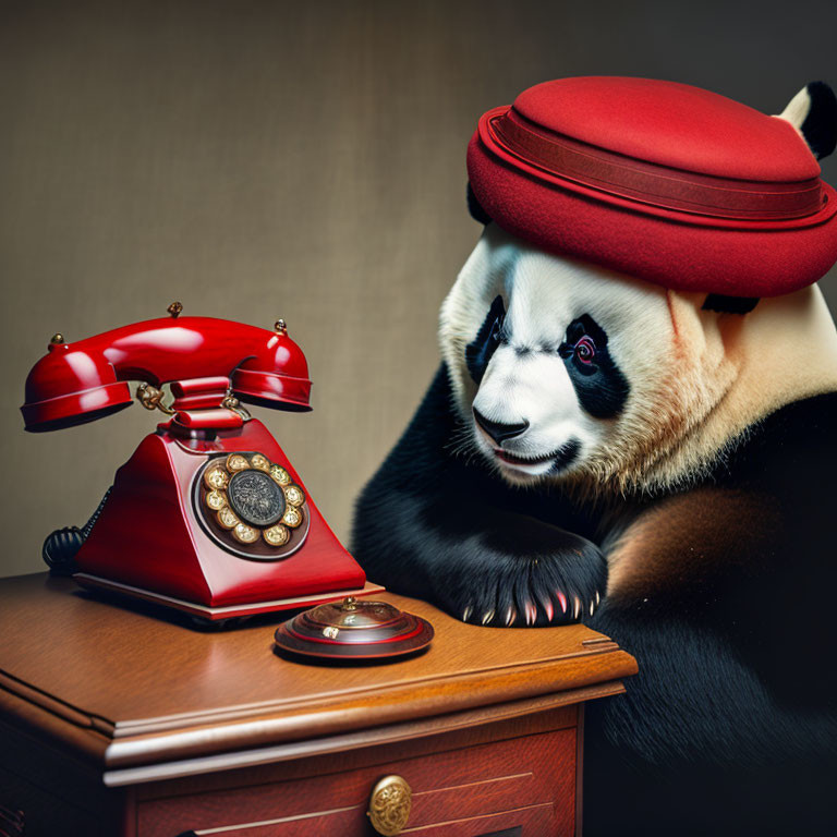 Panda with red beret by wooden desk with rotary phone