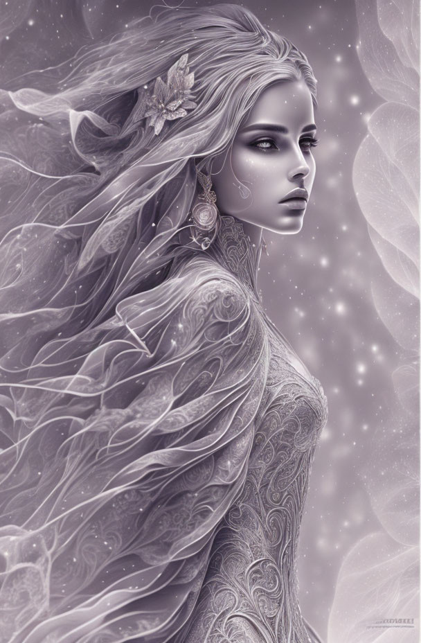 Ethereal woman with flowing hair and elegant gown in snowy setting