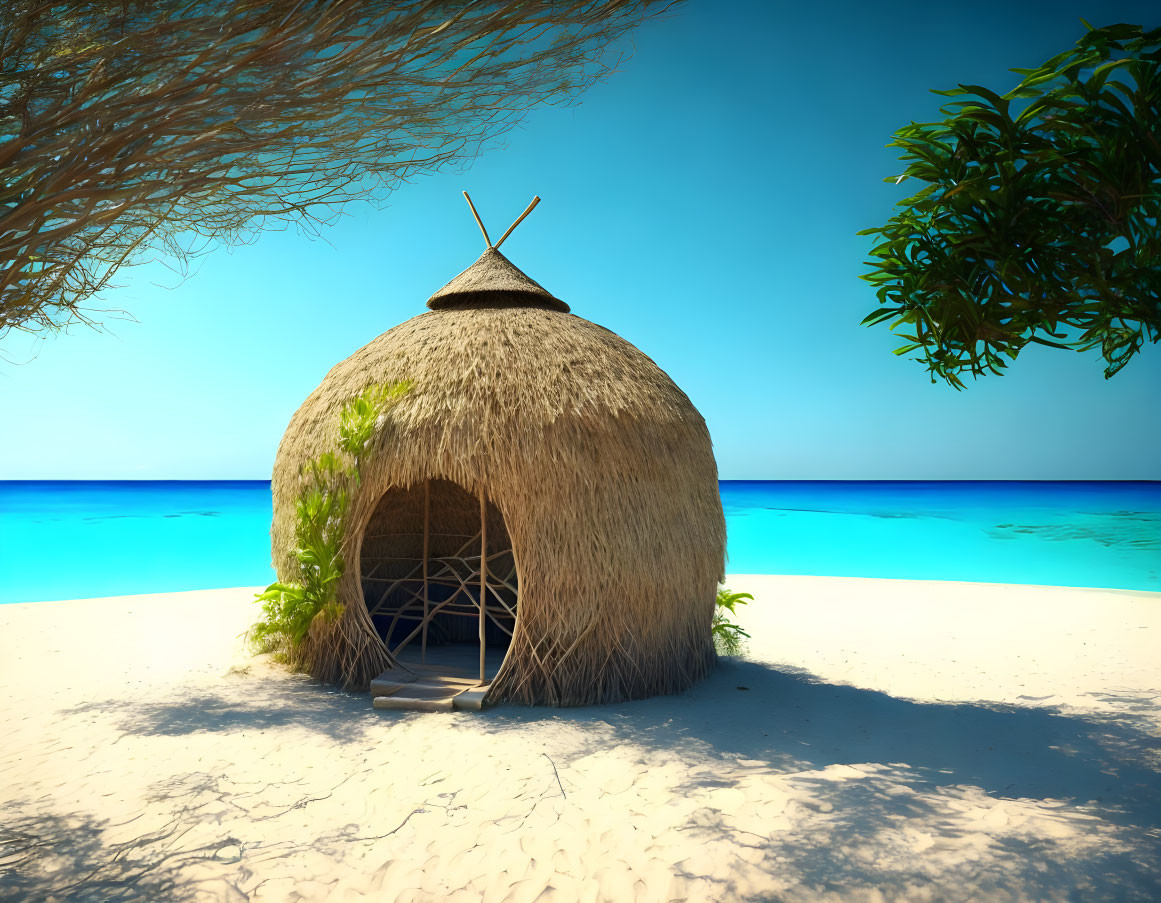 Tranquil Sandy Beach Hut with Turquoise Ocean View