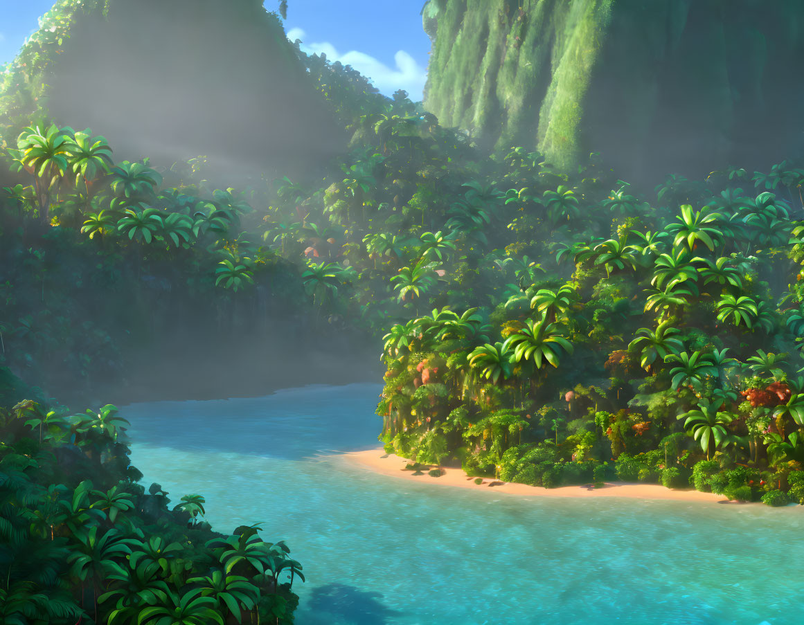 Tranquil tropical river with lush greenery and cliffs