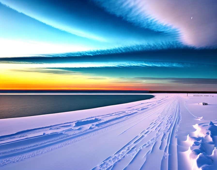 Colorful sunset over snowy landscape with ski tracks, crescent moon, and streaks of clouds