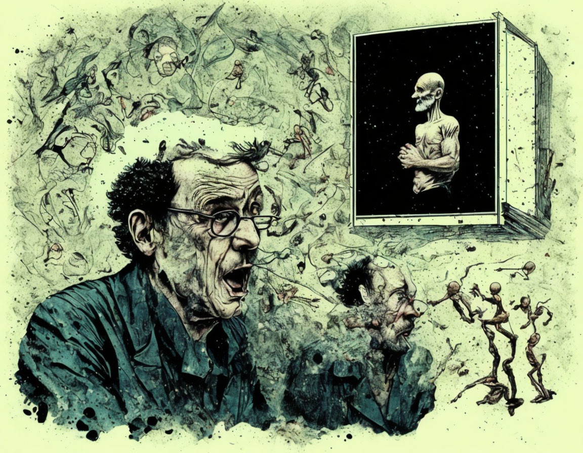 Illustration of man with glasses horrified by skeletal beings emerging from cube