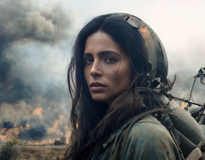 Female soldier in military gear amidst smoke and flames