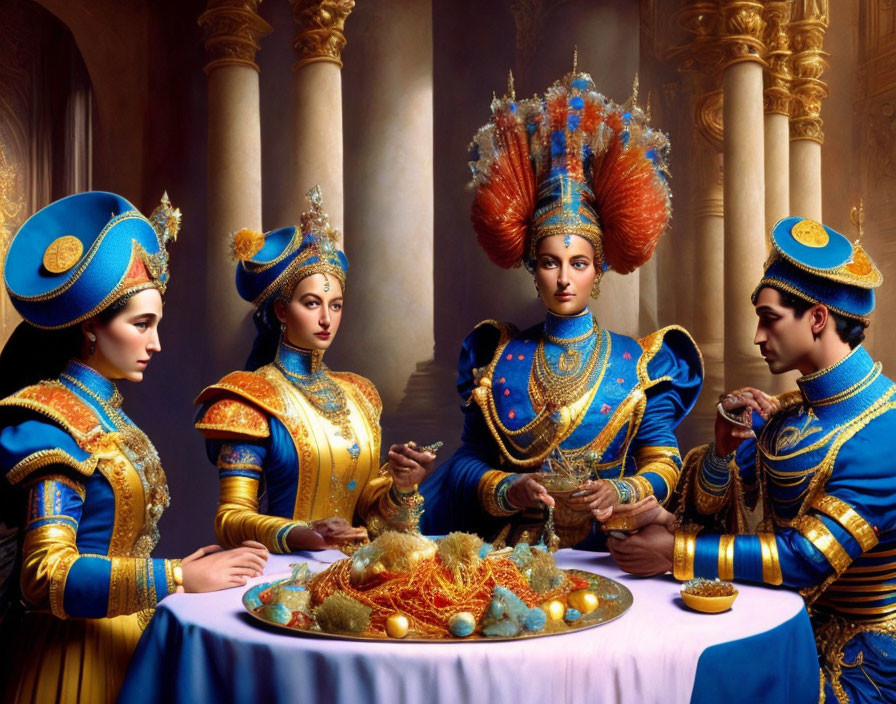 Four individuals in ornate blue and gold traditional costumes seated at a round table with decorative food in a