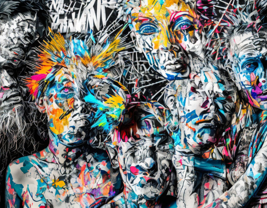 Colorful abstract art with multiple faces and paint splatters