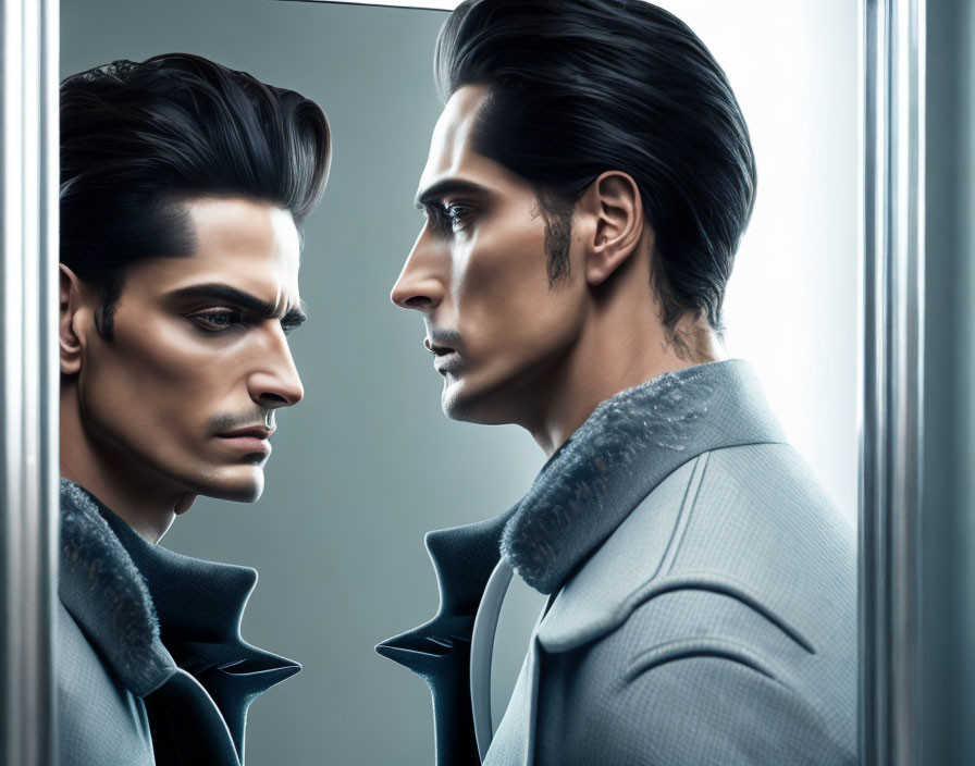 Stylized image of a man in overcoat admiring reflection