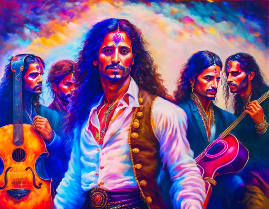 Multiple Instances of Man with Long Dark Hair Playing Musical Instruments on Vibrant Painting