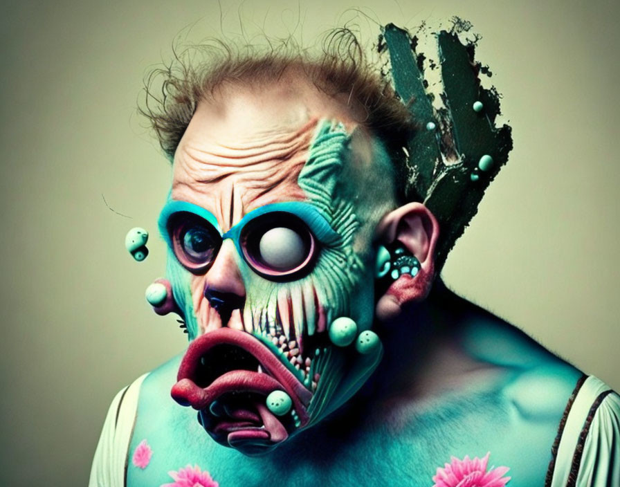 Exaggerated surreal portrait with blue skin and cartoonish features