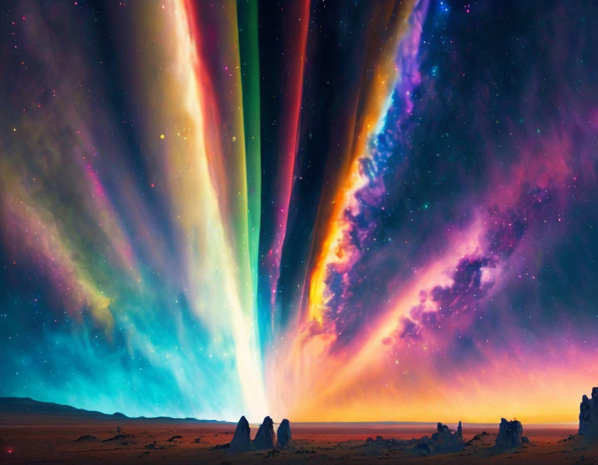 Colorful aurora beams illuminate starry sky over desert landscape