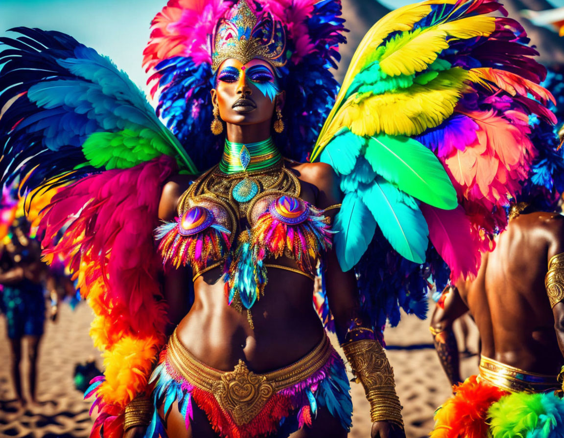 Colorful Carnival Costume with Feathered Mask and Elaborate Headdress