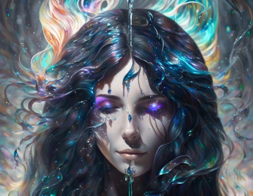 Colorful Woman with Flowing Hair and Glowing Eyes Against Cosmic Background