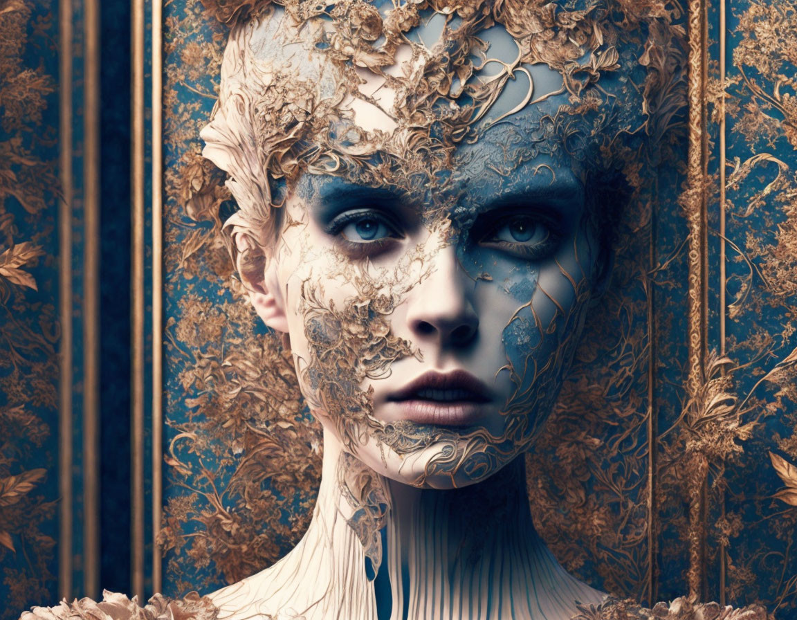 Intricate Golden and Blue Mask Design on Vintage Background