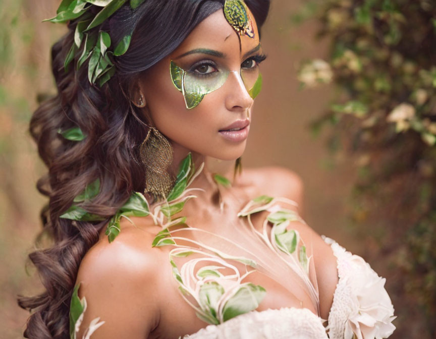 Woman with Nature-Inspired Makeup and Leaf Headdress