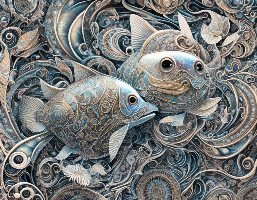 Detailed metallic fish illustration with ornate patterns in swirling abstract water designs