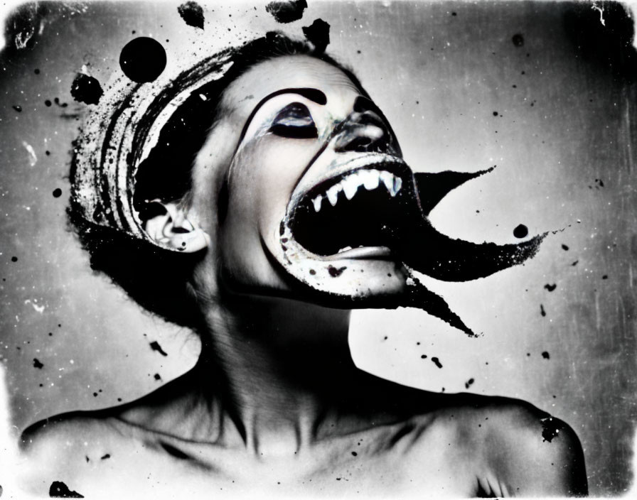 Monochrome photo of person with wide-mouthed creature features and dark splatters.