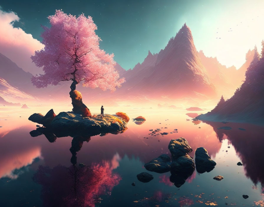 Person by Pink Blossoming Tree on Island with Tranquil Waters and Majestic Mountains