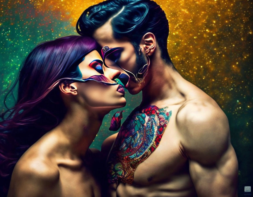 Vibrant body paint digital artwork of a couple kissing against cosmic backdrop