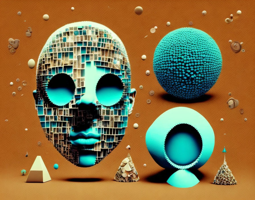 Surreal 3D artwork: Architectural face with floating shapes