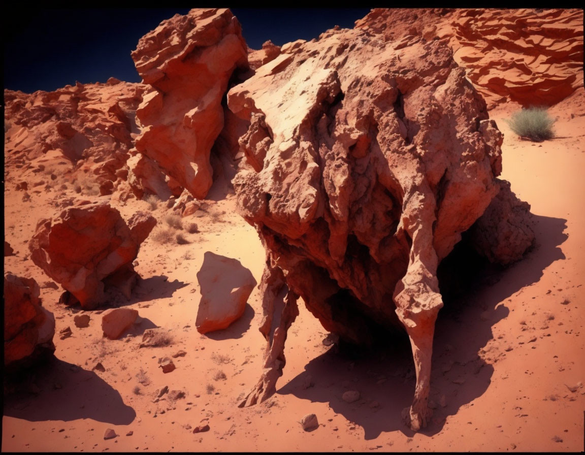 Red sand and eroded stone formations in rocky desert landscape