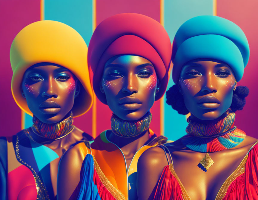 Vibrant women with colorful makeup and headwear on multicolored backdrop