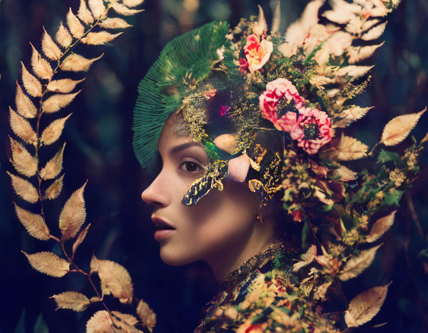 Woman's profile with floral and leaf artistic composition