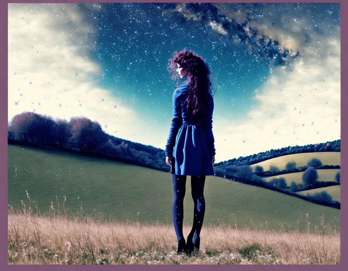 Woman admiring twilight field with surreal purple nebula