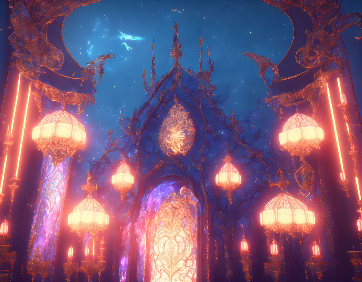 Fantastical glowing interior with ornate arches and celestial ceiling